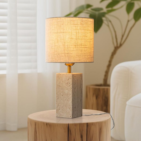 16 in. 1-Light Farmhouse Small Table Lamp wiht Rectangular Travertine Stone and Beige Linen Shade Nightstand Lamp