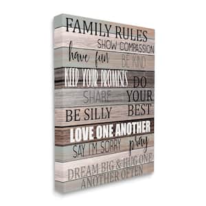 "Family Rules Text Wood Grain Rustic Tan Teal " Kimberly Allen Unframed Typography Canvas Wall Art Print 16 in x 20 in