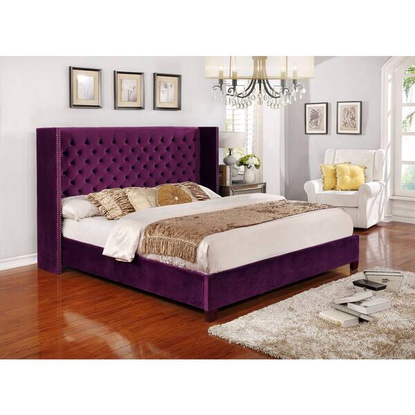 Purple Queen On Tufted Shelter Bed, Purple Headboard King Size