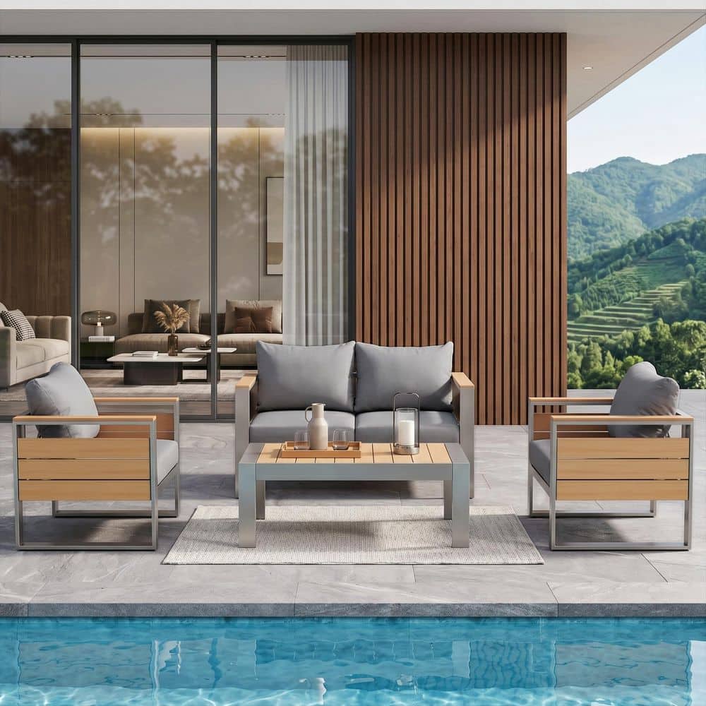 4-Piece Aluminum Outdoor Patio Conversation Set with Gray Cushions and Coffee Table