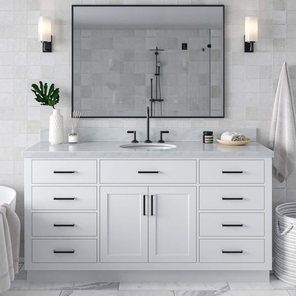 Hepburn 66 in. Single Sink Freestanding Bathroom Vanity in White with Carrara White Marble Top price history on PriceWatchPro