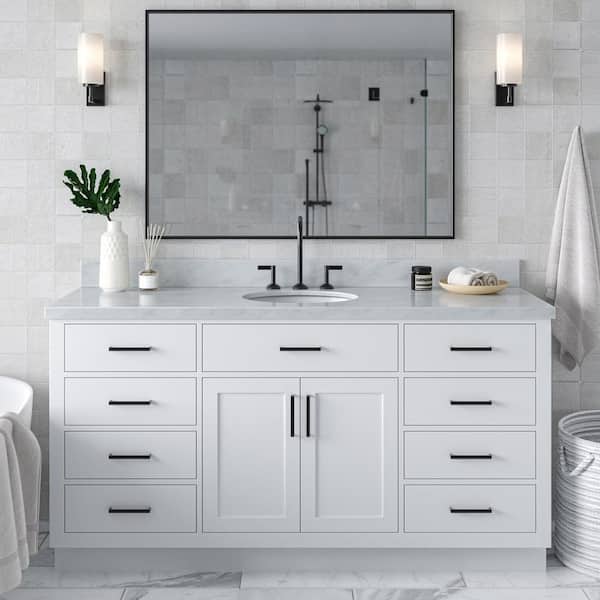 ARIEL Hepburn 67 in. W x 22 in. D x 36 in. H Freestanding Bath Vanity in White with Carrara White Marble Top