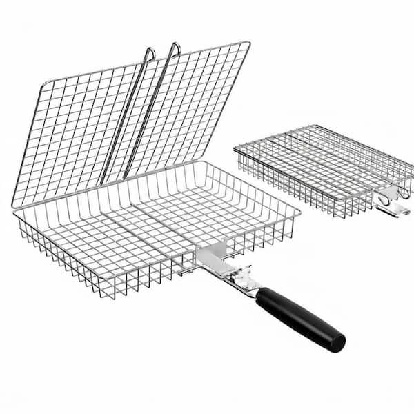 2 Piece Stainless Steel Grill Basket Set with Removable Wooden Handle for Meat Fish Vegetable Seafood BBQ