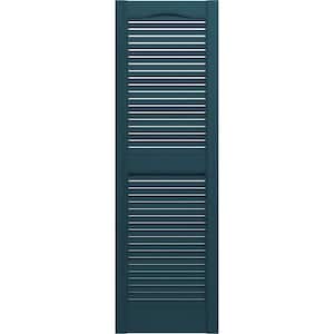 14-1/2 in. x 55 in. Lifetime Vinyl Standard Cathedral Top Center Mullion Open Louvered Shutters Pair Midnight Blue