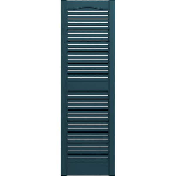 Ekena Millwork 14-1/2 in. x 55 in. Lifetime Vinyl Standard Cathedral Top Center Mullion Open Louvered Shutters Pair Midnight Blue