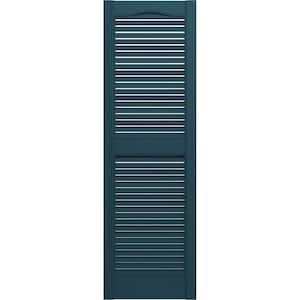 14-1/2 in. x 64 in. Lifetime Vinyl Standard Cathedral Top Center Mullion Open Louvered Shutters Pair Midnight Blue