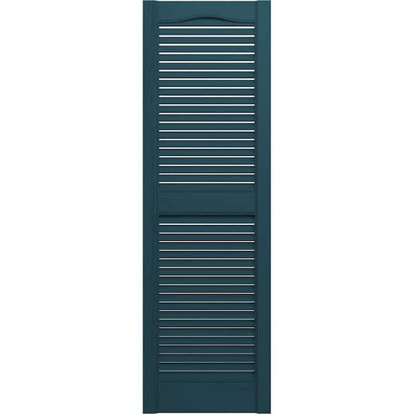 14-1/2 in. x 80 in. Lifetime Vinyl Standard Cathedral Top Center Mullion Open Louvered Shutters Pair Midnight Blue
