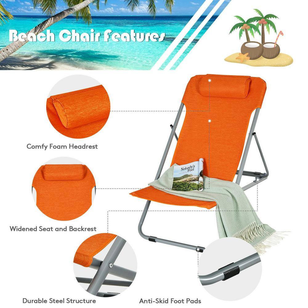 Orange Folding Beach Lounger Set with Adjustable Backrest