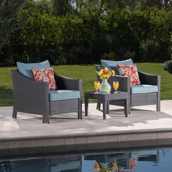 Noble House Antibes Gray 3-Piece Faux Rattan Patio Conversation Set with Teal Cushions