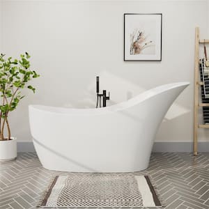 66 in. x 29 in. Solid Surface Oval Soaking Single Slipper Freestanding Bathtub in White