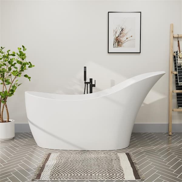 INSTER 66 in. x 29 in. Solid Surface Oval Soaking Single Slipper Freestanding Bathtub in White