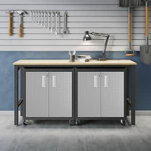 Fortress 37.6 in. H x 72.4 in. W x 20.5 in. D Mobile Space-Saving Steel Garage Cabinet and Worktable in Grey (3-Piece)