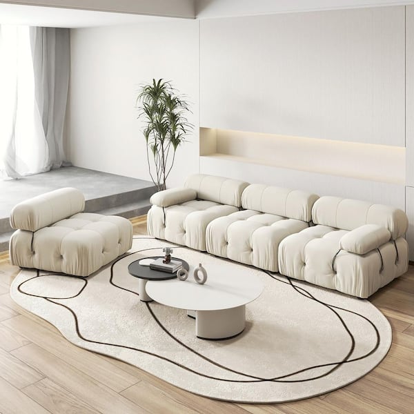 Magic Home Chameleon 138 in. Square Arm Oversized 4-piece Modern Velvet Modular Combination Sectional Sofa Living Room Set in Beige