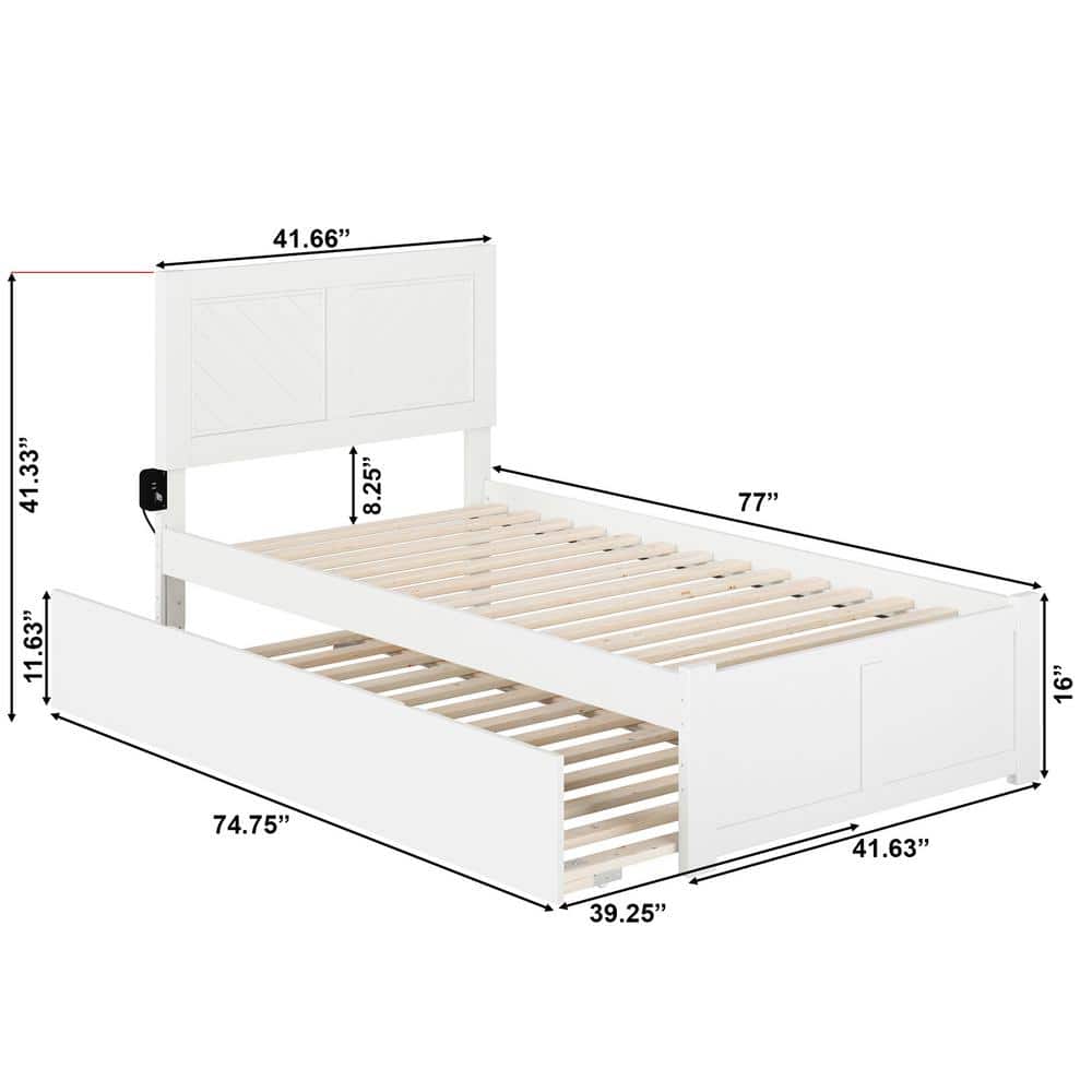 White Twin Wood Platform Bed with Trundle and Chevron Headboard