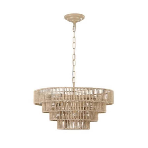 Vitra 20 in. 6-Light E12 Wood Iron Hemp Rope 4-Layer Boho Pendant Chandelier