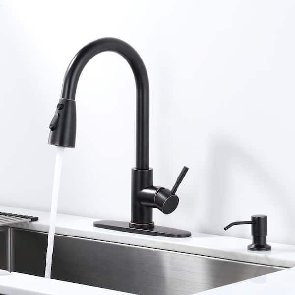 Stainless Steel Single Handle Pull Down Sprayer Kitchen Faucet with 3-Mode Spray, Soap Dispenser in Oil Rubbed Bronze
