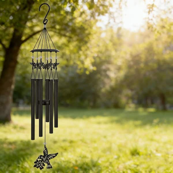 4 in. x 37 in. Metal Black Hummingbird Wind Chime for Outside
