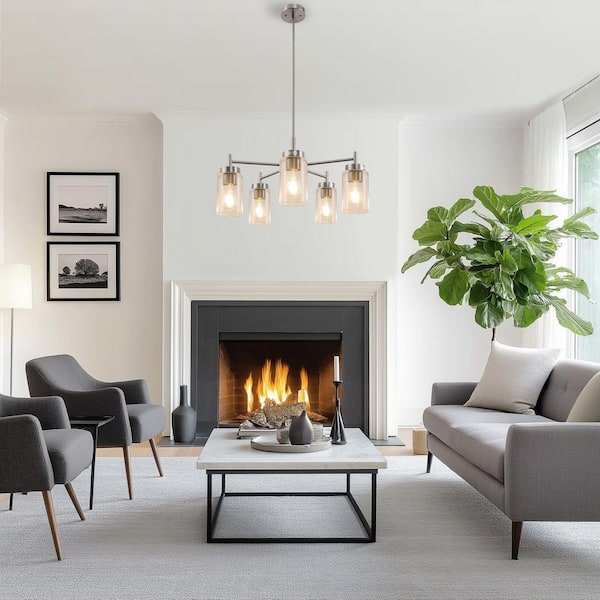 5-Light Brushed Nickel Pendant Light with Clear Glass Shades - Industrial Ceiling Fixture for Kitchen or Bedroom