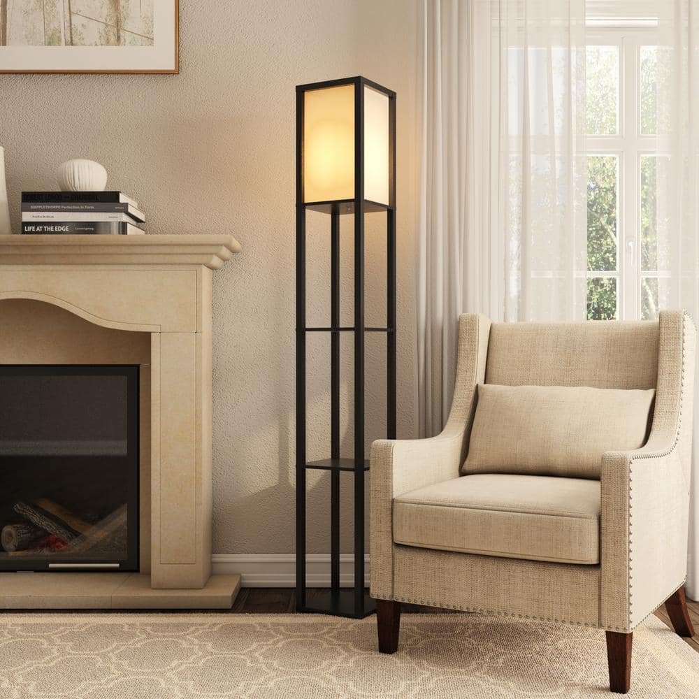 Titan 72" Black Column Floor Lamp with Storage Shelves