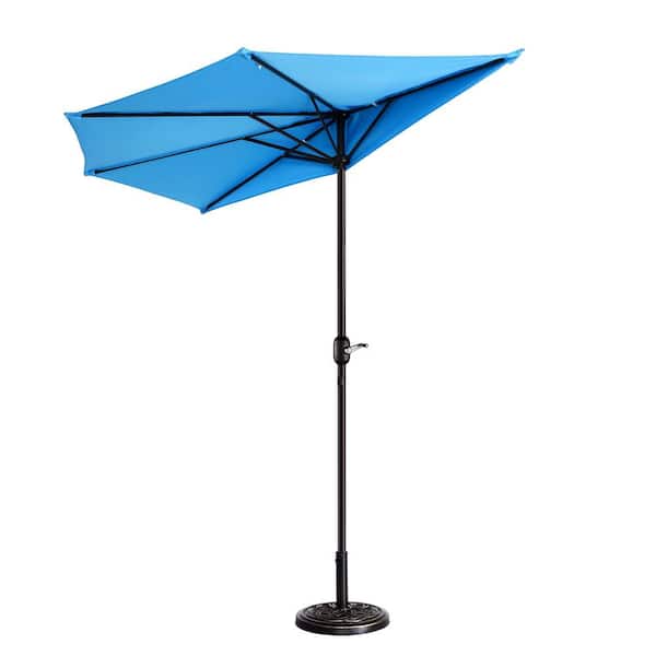 Villacera 9 ft. Steel Half Round Patio Market Umbrella with Hand Crank Lift in Blue