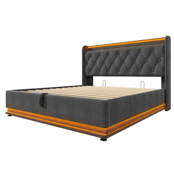 Gray Wood and Metal Frame Upholstered Linen Queen Platform Bed with Hydraulic Storage, USB Charging and 360° LED Light