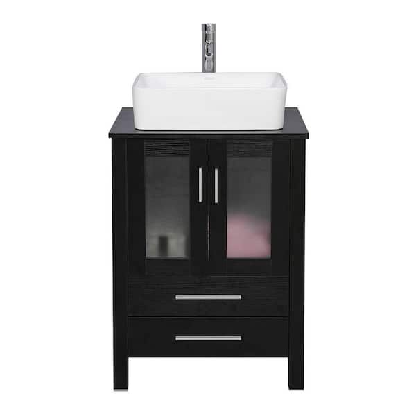 24 in. W x 20 in. D x 32 in. H Single Sink Bath Vanity in Black with White Ceramic Vessel Sink Top Chrome Faucet Set