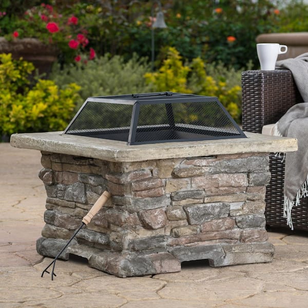 28.75 in. W x 22 in. H Stone Square Wood Burning Outdoor Fire Pit in Stone Gray