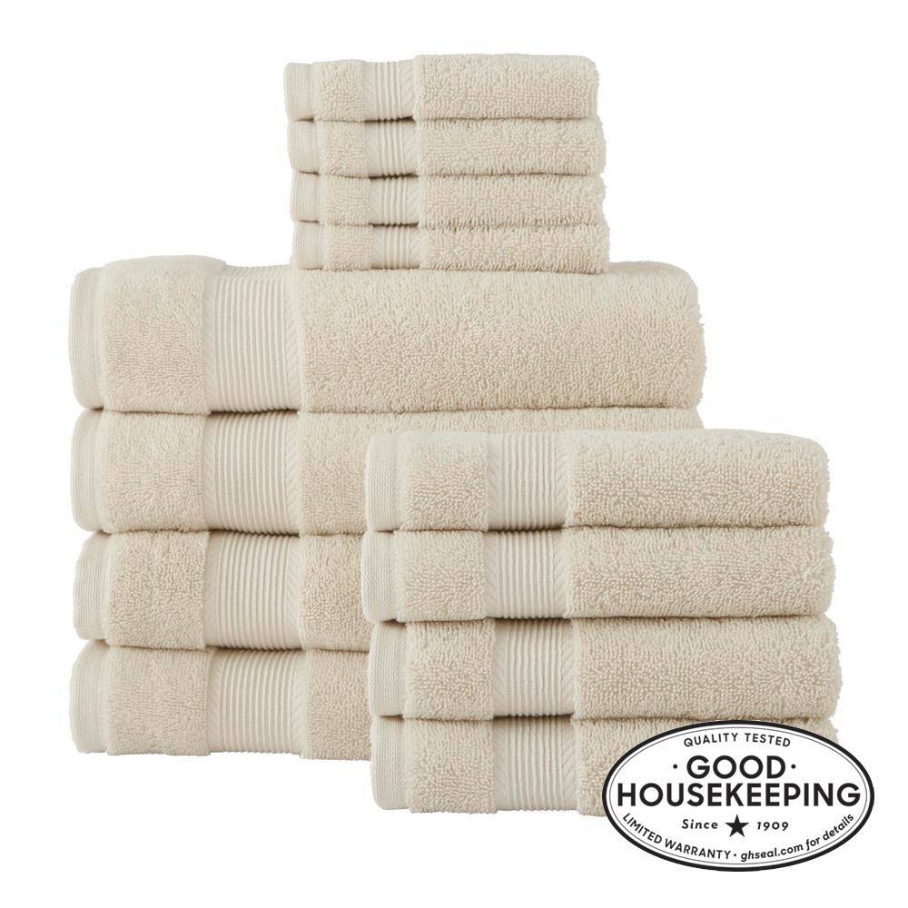 StyleWell Turkish Cotton White and Wheat Brown Stripe 18-Piece Fringe Bath Towel Set