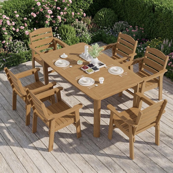 Teak 7-Piece HDPE Rectangular Plastic Outdoor Dining Set with Stackable Chairs and Umbrella Hole