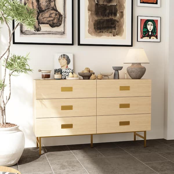 FUFU&GAGA Yellow Wooden Grain 6 Drawers 55 in. W Chest of Drawers, Dresser, Storage Cabinet without Mirror