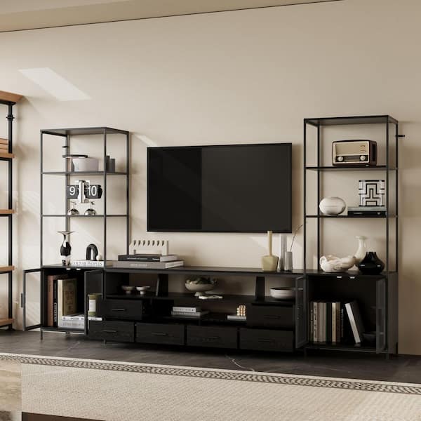 FUFU&GAGA Black Oak and Steel TV Stand Entertainment Center Fits