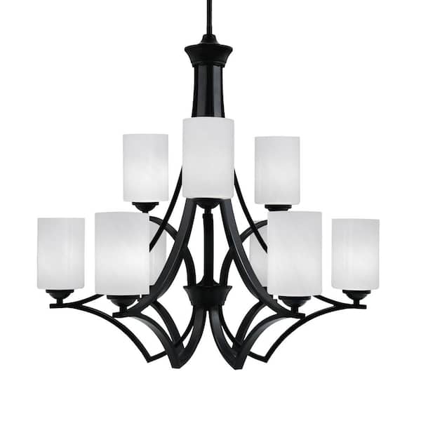 Unbranded Clevelend 9-Light Matte Black Chandelier, Round Chandelier with 4 in. White Marble Glass Shades, No bulbs included