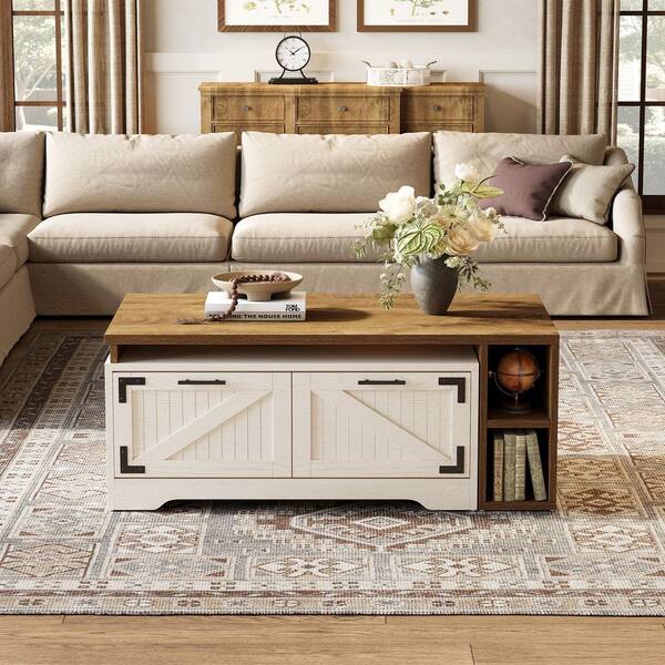 BYBLIGHT Kerlin 47.2 in. White and Brown Rectangle Wood Coffee Table with 2-Storage Drawers and Open Shelves