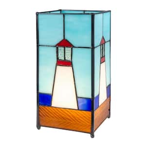 Uplight 10 in. Tall Lighthouse Tiffany Handmade Genuine Stained Glass Shade Accent Lamp