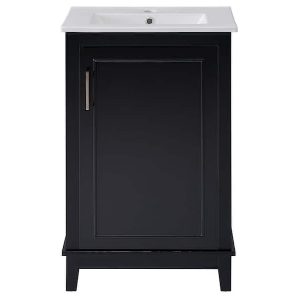 20 in. Single Sink Freestanding Black Bath Vanity with White Ceramic Top, Double Shelves