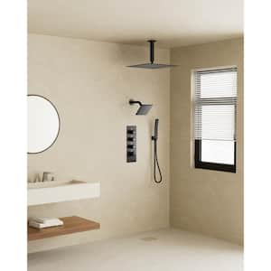 Thermostatic Valve 7-Spray 16 in. and 6 in. Dual Ceiling Mount Shower Head and Handheld Shower in Matte Black