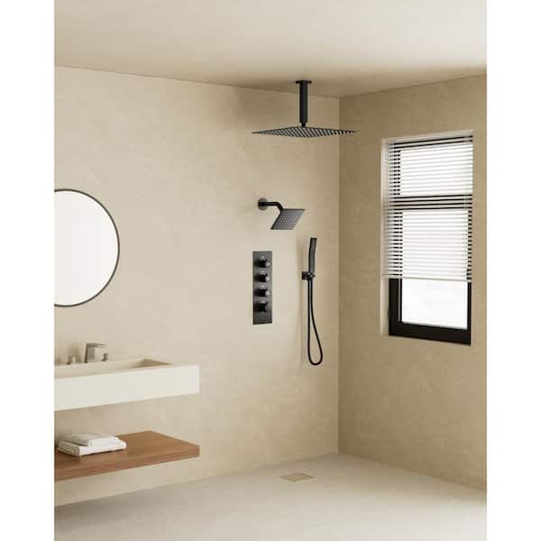 Thermostatic Valve 7-Spray 16 in. and 6 in. Dual Ceiling Mount Shower Head and Handheld Shower in Matte Black