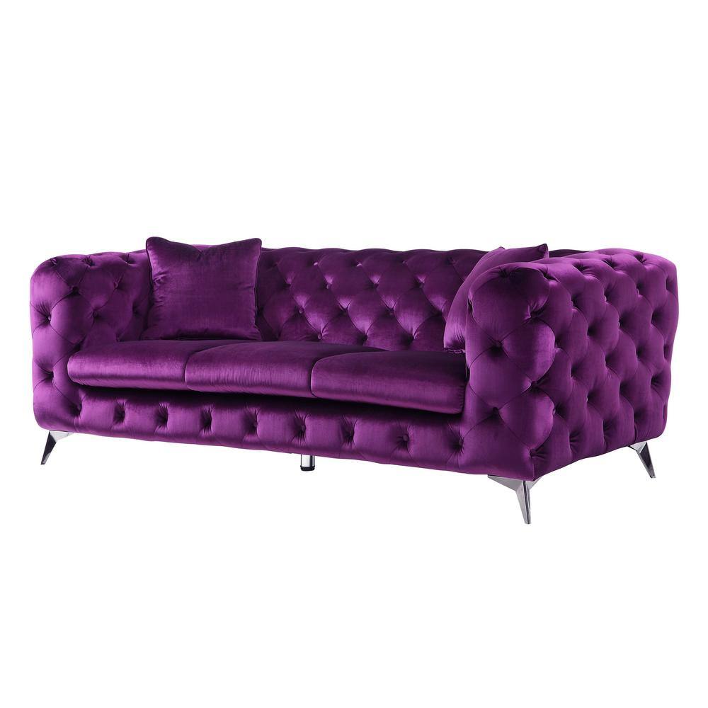 Elegant Chic Purple Velvet Tufted Sofa with Round Arms and Chrome Legs