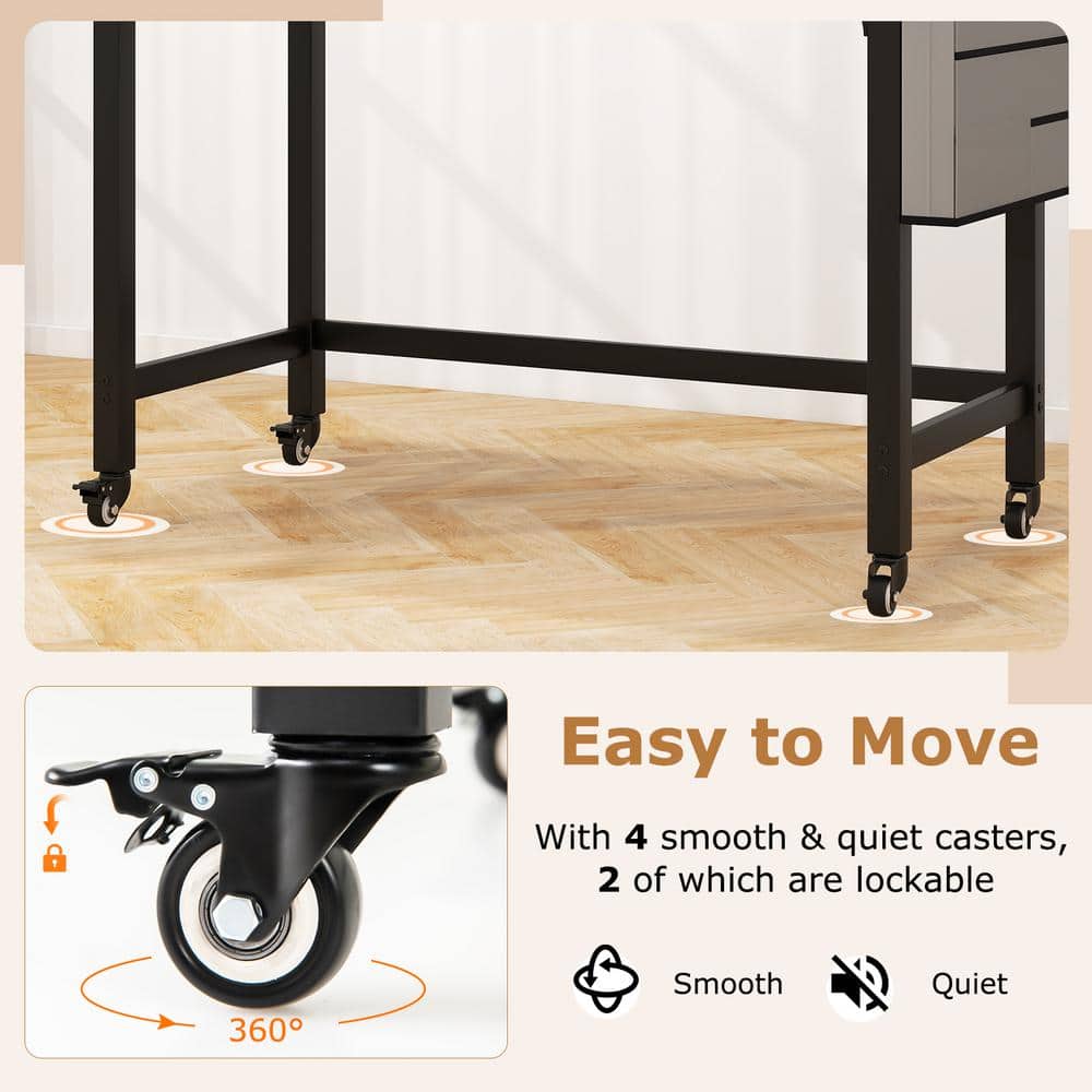 Modern Dark Brown Particleboard Rolling Computer Desk with Metal Frame