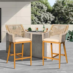 Square Wood Outdoor Bar Stool with Beige Cushion (2-Pack)