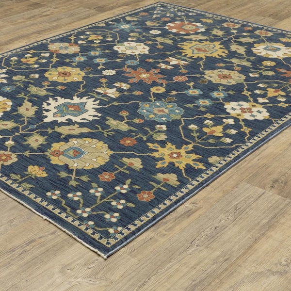 Fleetwood Blue/Multi-Colored 10 ft. x 13 ft. Persian Floral Polypropylene Fringe Edge Indoor Area Rug