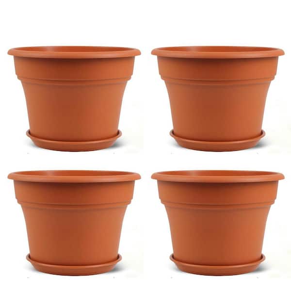 Terracotta Color Plastic Indoor/Outdoor Planter with Saucer (10 in. W x 6.3  in. H) 4-Pack L0DP6ZVPCQ - The Home Depot