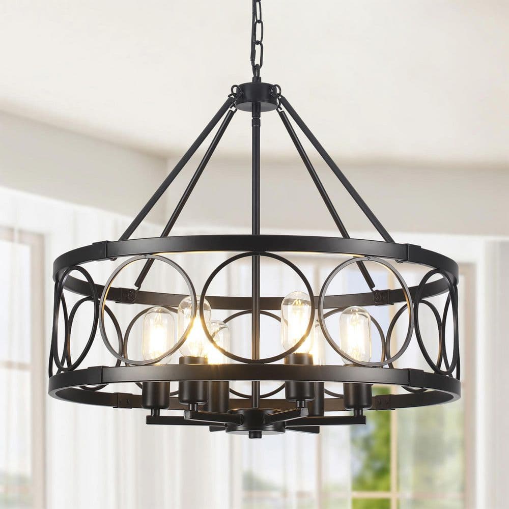 21.65 in. 6-Light Black Rustic Farmhouse Round Drum Chandelier Hanging Ceiling Light for Living Room, Foyer, Hallway price history on PriceWatchPro