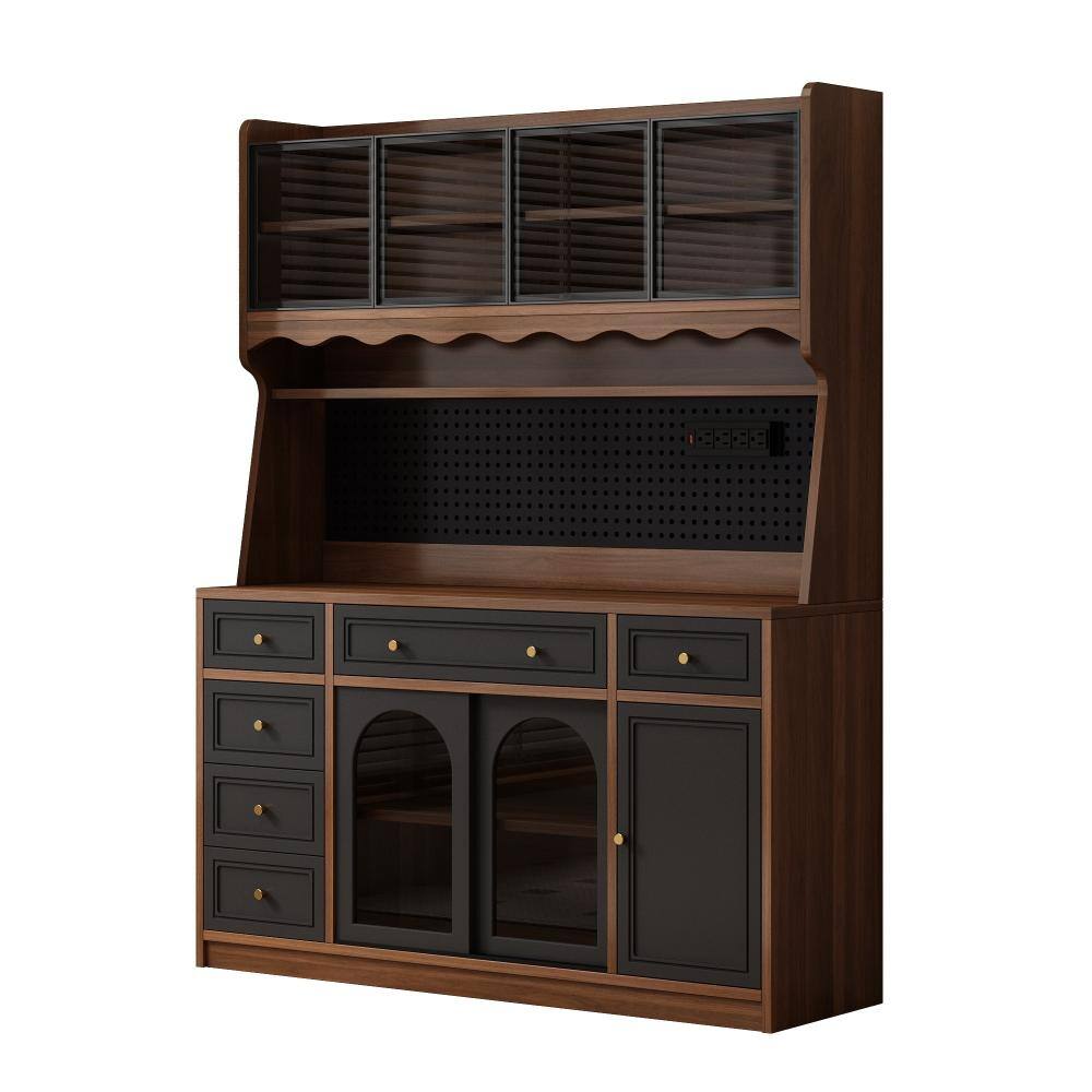 Brown Black 78.74 in. Accent Cabinet Office Storage Cabinet with 6 Adjustable Shelves and Power Outlet