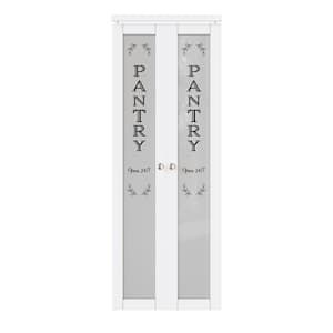 30in. x 80 in. 1-Lite Frosted Glass Solid Core White Finished (Pivot French) Bi-fold Door w/ Pantry Sticker and Hardware