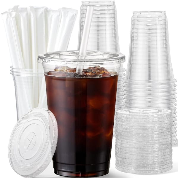 16 oz Clear Plastic Disposable Cups with Lids and Straws 50-Pack for Cold Drinks, Iced Coffee, Smoothies