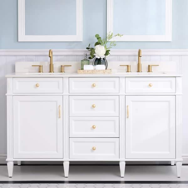 WELLFOR Elisa 60 in. W x 22 in. D x 35 in. H Double Sink Bath Vanity in White with Qt. Top
