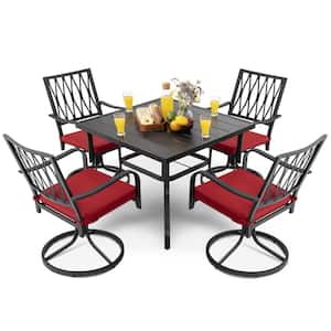 Black 5-Piece Metal Square Outdoor Dining Set with Cushion Patio Furniture Set with Swivel Chair