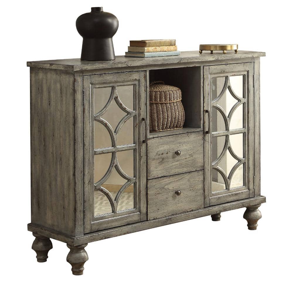 Velika Weathered Gray 53'' Wood Console Table with Mirrored Storage