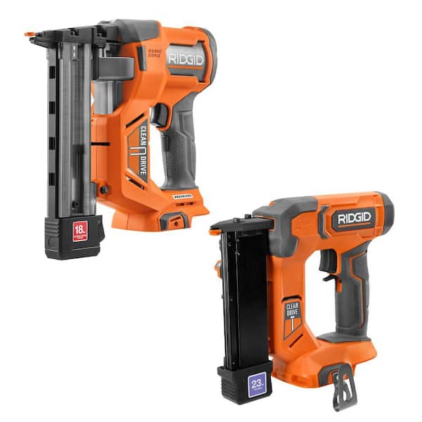 RIDGID 18V Brushless 18-Gauge 1-1/2 in Narrow Crown Stapler w/ 18V Cordless 23-Gauge 1-3/8 in Headless Pin Nailer (Tools Only)